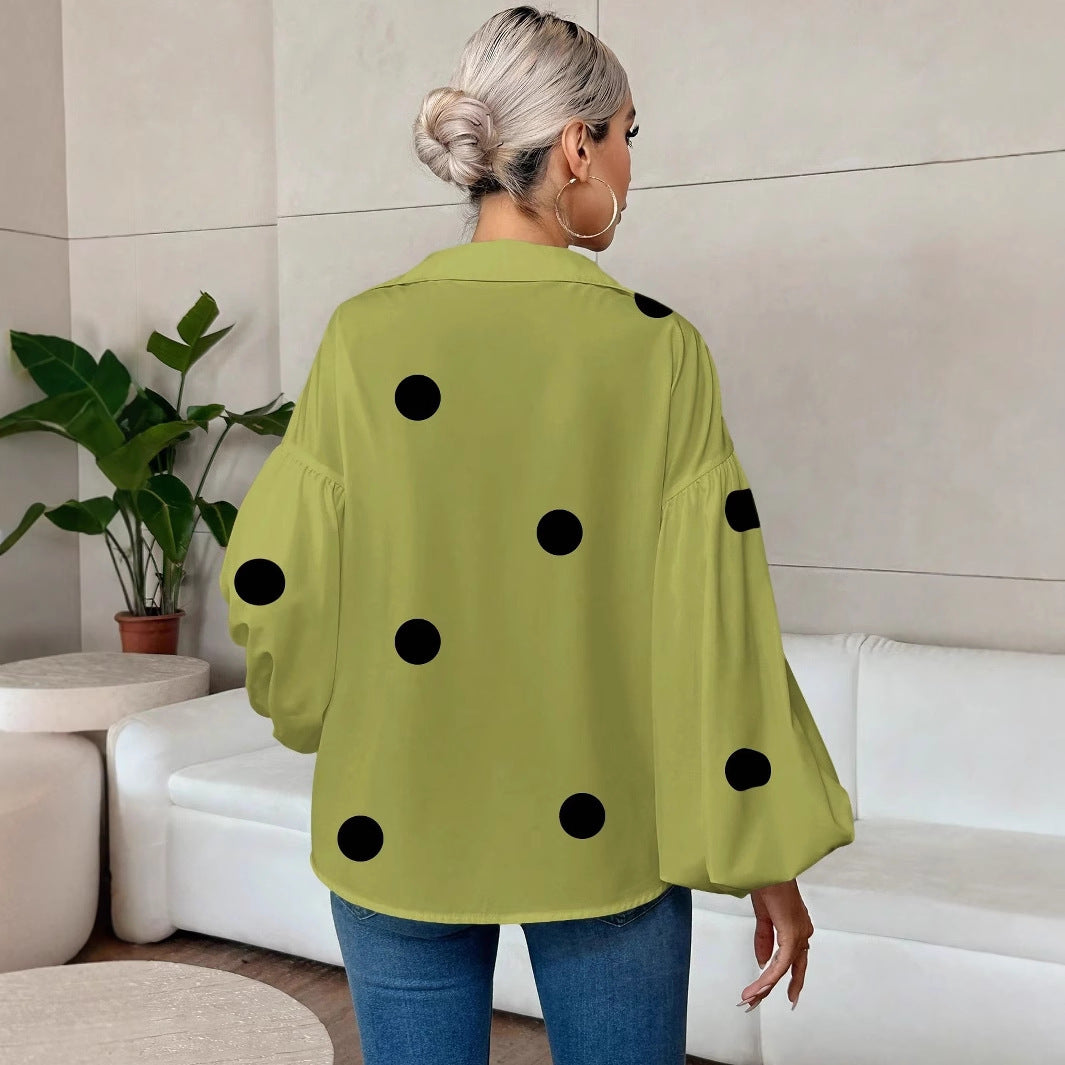 Niche Fashionable French Polka Dot Half-open Collar Design Loose Bubble Long Sleeve Top