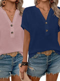 2PCS Women Summer Notched V-Neck Button Decor Casual T-Shirt