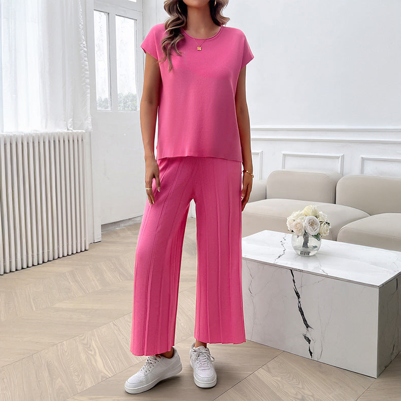 Simple Casual Style Solid Color Top Wide Leg Sweater Suit