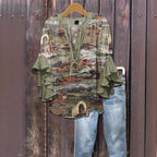 Women's Creative Printing Casual V-neck Lotus Sleeve T-shirt