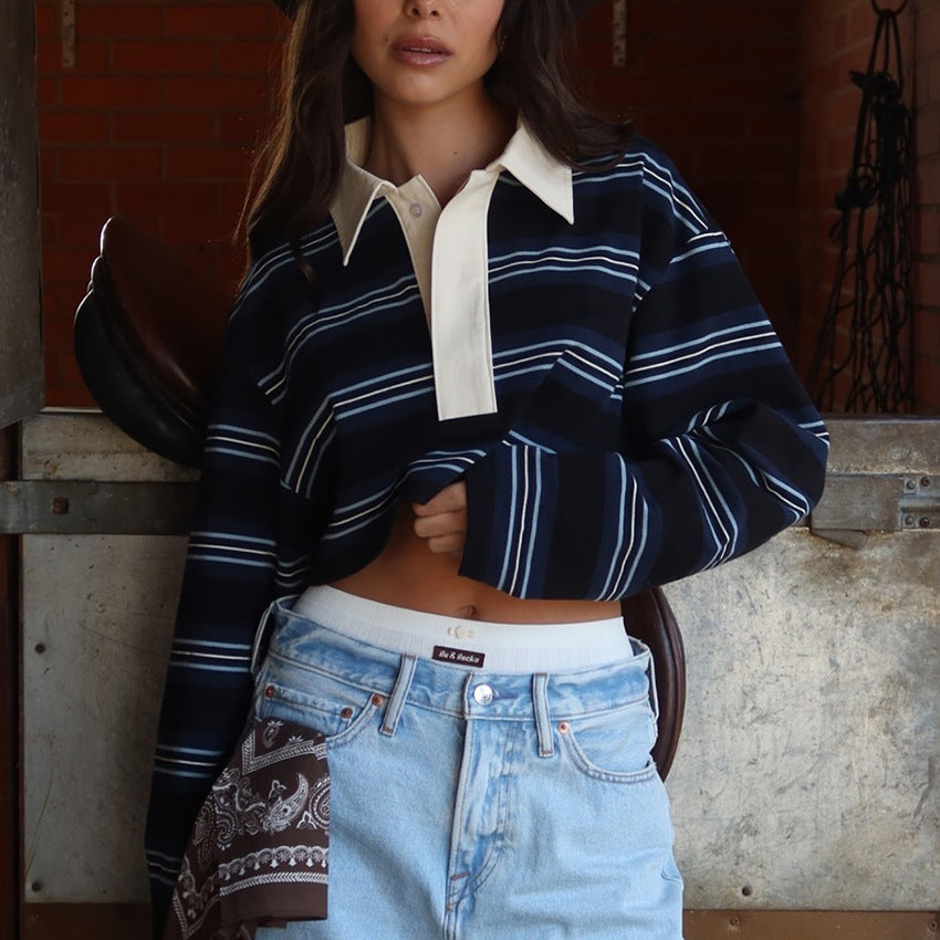 Autumn Loose Striped Polo Collar Long Sleeve Top