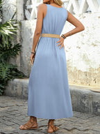 Summer Round-neck Sleeveless Split Dress With Button Design Fashion Solid Beach Long Dresses For Women Clothing